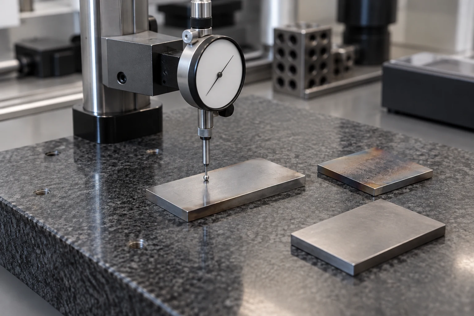 Illustration of heat-resistant material specimens and dimensional inspection; not actual DIII-D equipment.