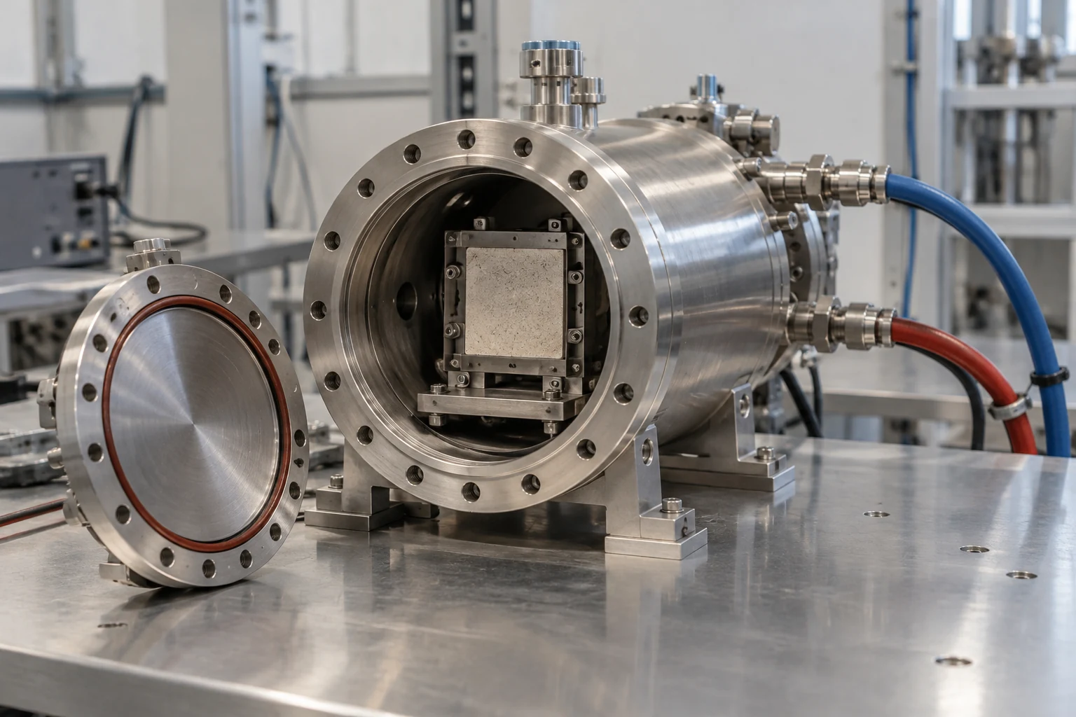 Illustration of a generic test setup connecting heat-exhaust components to cooling equipment; not the announced DIII-D divertor.